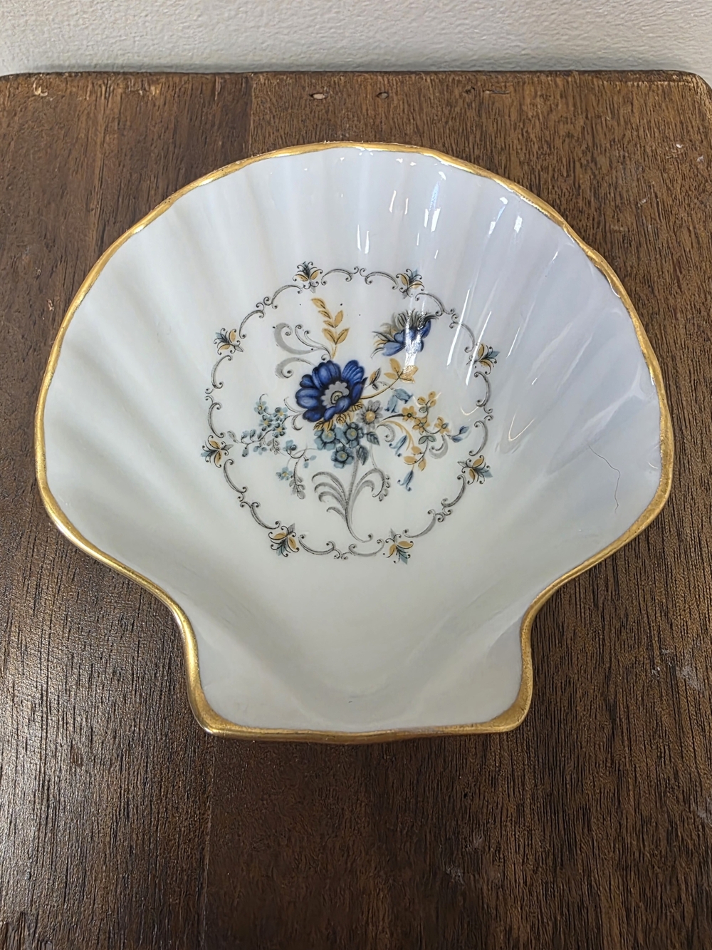 Limoges White Shell Dish with Blue Floral and Gold Trim